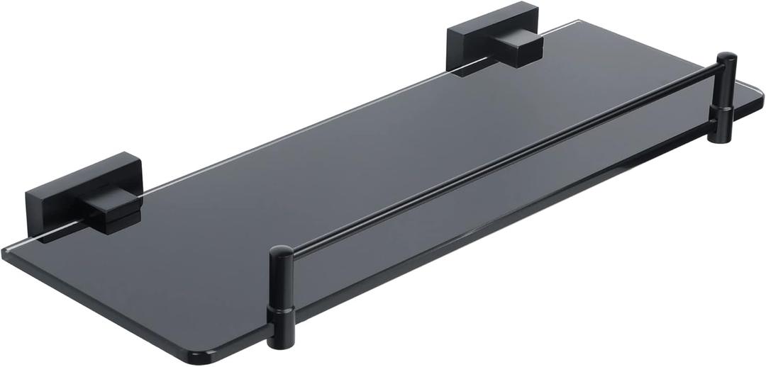 Alise Bathroom Shelves Glass Shelf with Guard Bar Wall Mount,Floating Shelves for Bathroom,SUS 304 Stainless Steel Tempered Glass Rack Holder Storage Organizer,GOY380X130-B Black (380x130mm)