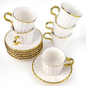 Espresso Cups with Saucers, 3.5 oz Turkish Coffee Cup With Gold Trim, Ceramic Tea Cups for Espresso Cappuccino Latte Mocha, Idea Gift, Dishwasher & Microwave Safe (Gold)