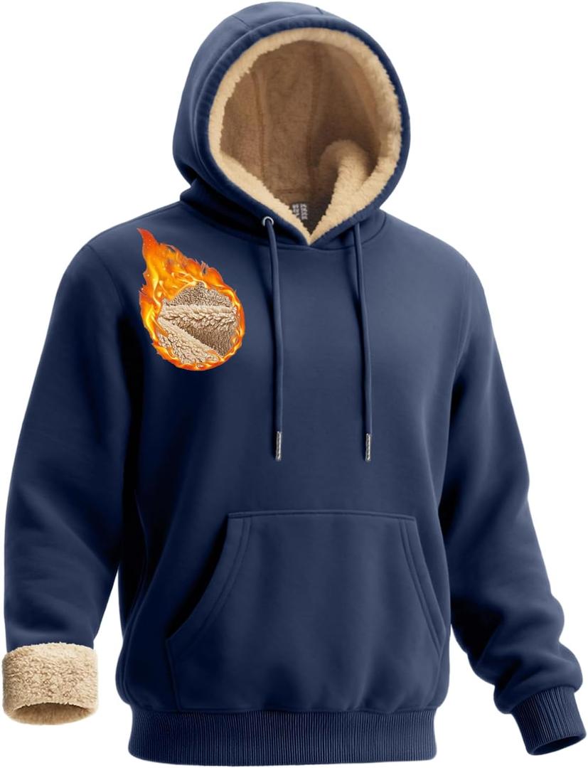 Boladeci Men's Sherpa Lined Hoodie Sweatshirts Heavy Fleece Cotton for Winter Cold Weather (Medium, Navy)