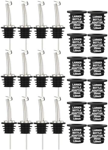 12-Pack Auto Flip Liquor Bottle Pourers with Adapters, Liquor Pour Spout Adapters set for for Large Olive Oil Bottles and Liquor Bottles - Up to 1 Inch/25mm Neck Converts Spout into Large Pour Spout