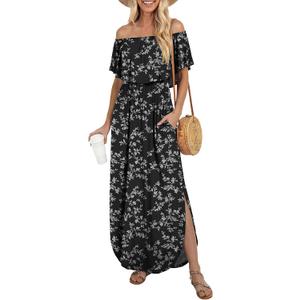 LILBETTER Womens Off The Shoulder Ruffle Party Dresses Side Split Beach Maxi Dress(Black Leaves Large)