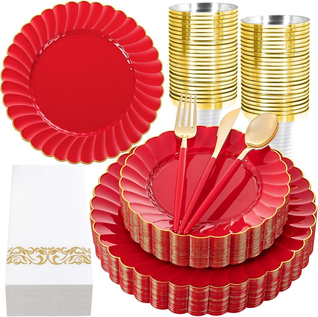 Ciaell 175 PCS Red Scalloped Plastic Plates with Gold Trim - Red Plastic Silverware with Handle - Fancy High-End Dinnerware Sets for Wedding & Party