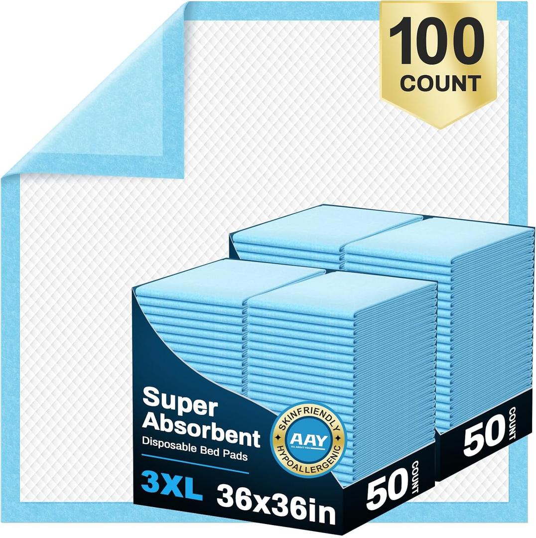 AAY Disposable Bed Pads 36" x 36" (100 Count) , Extra Large Heavy Duty Incontinence Underpads, Super Absorbent 3XL Chucks Pee Pads for Adults, Kids, Pets, Puppy Training