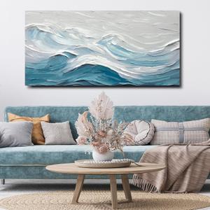 TRAIN2 ART Abstract Wall Art for Living Room Blue and White Ocean Paintings Wall Decor Modern 3D Textured Canvas Wall Art Large Artwork for Living Room Bedroom Office 20"x40"