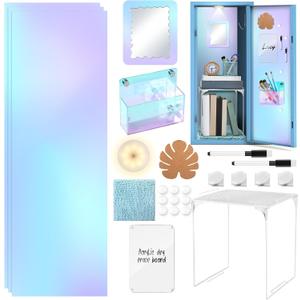 25 Pack Iridescent Locker Accessories, First Day of School Essentials with Locker Shelf, Locker Wallpaper, Mirror, LED Wireless Light, Pen Holder, Acrylic Magnetic Dry Erase Board, Locker Rug (Colorful)