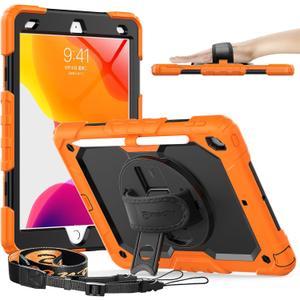 Timecity Case for iPad 9th/ 8th/ 7th Generation 10.2 inch - Heavy Duty Protective Cover with Screen Protector, Rotating Stand, Shoulder Strap & Pencil Holder | Kids-Friendly (Orange)