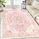 Boho Washable Area Rug 3x5, Vintage Floral Low Pile Non Slip Rug for Bedroom Living Room Entryway, Soft Farmhouse Decorative Carpet,Blush Pink