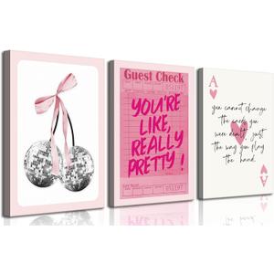 3Pcs Trendy Pink Preppy Canvas Wall Art Cute Girly Coquette Disco Cherry Pictures Wall Decor Preppy Room Decor Aesthetic Posters Prints for College Apartment Dorm Decoration 16x24in