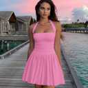 Kaximil Women's Sexy Halter Corset Mini Dress Bubble Ruched Waist Short Club Party Dresses, Large, Pink
