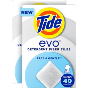 Tide Evo Free & Gentle Laundry Detergent Tiles, Fragrance-Free, 40 Medium Sized Loads, 40 ct, Easy to Use, Safe for All Machines and Water Conditions