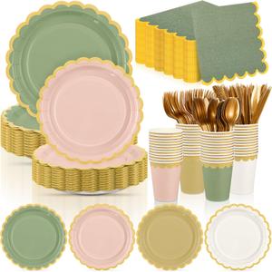 Mimorou 338 Pcs Sage Green and Pink Plates and Napkins Party Supplies Green and Rose Gold Tableware Include Scalloped Plates Paper Napkin Cup Spoon Fork Knife for Baby Shower, Wedding, Birthday