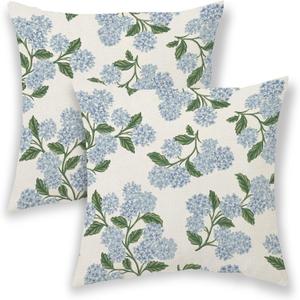 Blue Green Floral Pillow Covers 18x18 Inch Set of 2 Outdoor Blue Hydrangea Floral Throw Pillows Decorative Spring Summer Vintage Flower Pillowcase Linen Cushion Cases for Bed Sofa Couch