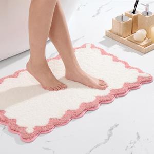 ORTIGIA Scalloped Pink Bathroom Rugs Non Slip Washable, Quick Dry Absorbent Soft Plush Microfiber Bath Mats, Bath Rugs for Bathroom Floor Carpet for Sink Bedroom, Pink and White, 20x32