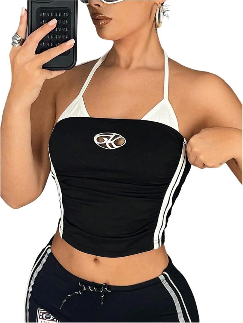 RoseSeek Women's Tie Backless Hollow Halter Top Sleeveless Striped Fitted Crop Tops Summer Y2K Clothes (Black)