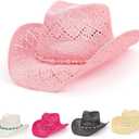 Straw Cowboy Hat for Women with Beaded Trim and Shapeable Brim (One Size, Light Pink)