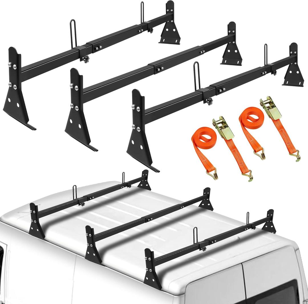 Ladder Rack for Van, Van Roof Rack Compatible with Chevy Express 1500 2500 3500 Ford Econoline GMC Savana Fullsize with Rain Gutter, Adjustable Length 57''-65'', 3 Bars, 800 Lbs, Black