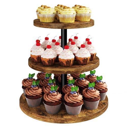 IBUYKE 3 Tier Cupcake Stand,Wood Durable Cupcake Tower,Round Serving Display Stand,Dessert Table Display Tree Tower for Birthday,Home Party, Wedding, Baby Shower,Rustic Brown UTLJ017H