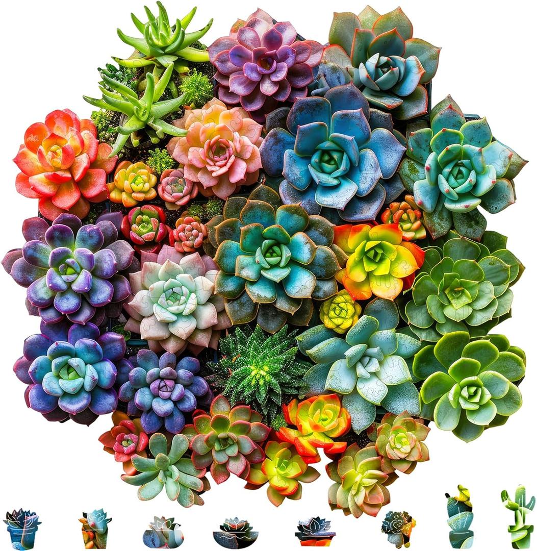 Mys Aurora Succulent Wooden Puzzles for Adults, 500 Piece Unique Shaped Wood Jigsaw Puzzles for Adults and Kids, Fun Challenging Puzzles Family Game Gift, Medium 16.9'' x 16.5''