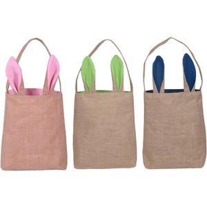 KEFAN 3 Pack Easter Bags, Egg Hunting Bunny Ear Baskets Jute Burlap Reusable Tote Bags for kids DIY Blank Gift Tote Bags