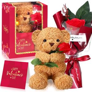 Valentine's Day Gift Set Plush Stuffed Animal Bear Gift with Rose Card and Box with Window 8.67 Cute Stuffed Animal Bear Plush Gift(Red)