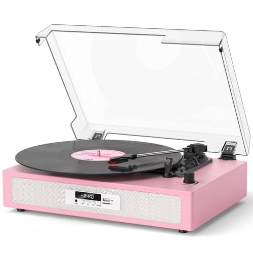 VICTRESS Vinyl Record Player with Built-in Dual Stereo Speakers, Vintage 3-Speed Turntable, Bluetooth Record Player with EQ Sound Modes, USB/TF Recording & Playback, LED Display, RCA & AUX Jack – Pink