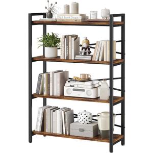 4 Tier Bookshelf 31.49" Width, Book Organizers and Storage, Wood and Metal Tall Bookcase, Rustic Book Shelf Organization and Storage for Home Living Room Bedroom Office Storage(Rustic Brown), 4 Tier - 31.5" W