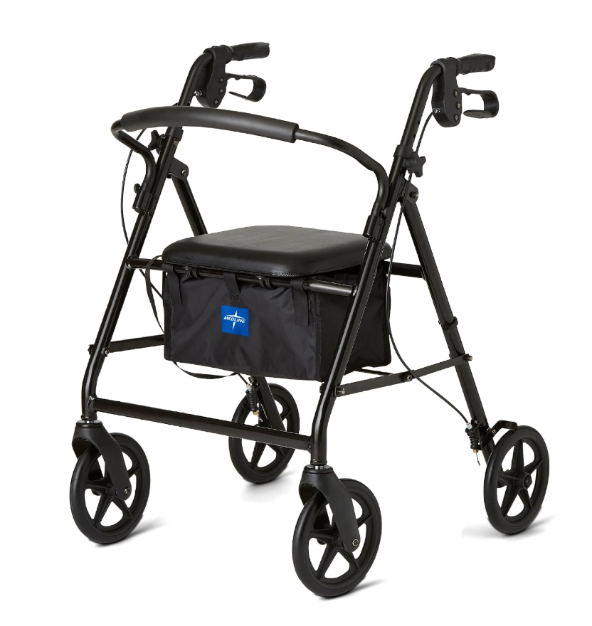 Medline Aluminum Rollator Walker, Burgundy, 300 lb. Weight Capacity, 8” Wheels, Adjustable Height Handle, Padded Seat & Backrest, Rolling Walker for Seniors and Mobility Impaired