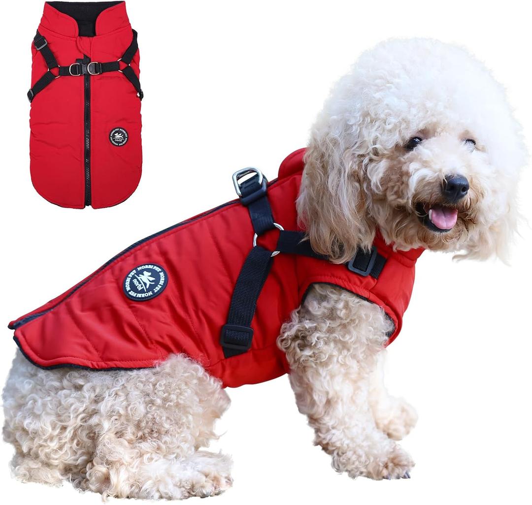 Norbi Dog Winter Jacket with Built-in Harness, Waterproof Windproof Cold Weather Coat for Small Medium Large Dogs, Warm Puffer Vest for Small Dogs Like Chihuahua, Dachshund, Yorkie(Red, M)
