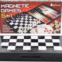 5 in 1 Magnetic Chess Checkers Dominoes Backgammon and Cards Set, Mini Travel Size Multi Board Games