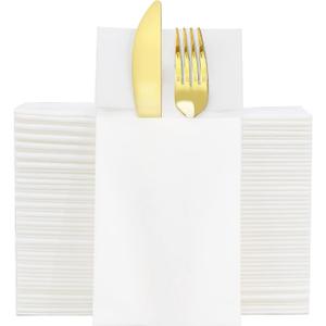 KAMMAK White Dinner Napkins with Pocket Disposable 100 Pack Wedding Reception Paper Napkins Guest Hand Towels Soft Absorbent Party Napkins for Decoration, Bathroom, Kitchen (16.5 X 16.5 inch)
