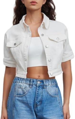 LifeShe Women Stretch Cropped Denim Jacket Short Sleeves Button Down Trucker Jean Jackets Coats, XXL