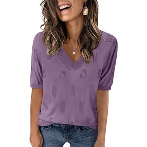Yincro Womens Short Sleeve Sweaters Fall Summer Tops V Neck Lightweight Knit Pullovers(Misty Purple, L) (Purple, L)