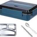 Home Microwave Oven Stainless Steel Large Capacity Sealed Compartment Portable Lunch Box - Three Compartments [Dark Blue]