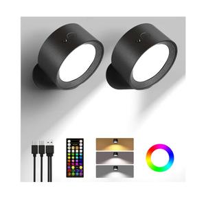 Wall Mounted Lights, 2 Pack Rechargeable RGB Color Changing Light, 3 Color Temps & Remote and Touch, 360°Rotation Dimmable Cordless for Study Bedroom Reading Bedside (Black)