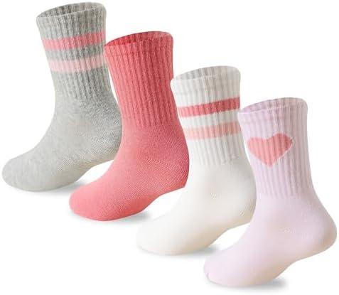 Wamvp Girls Socks Kids Pink Crew Athletic Socks with Hearts Striped 4 Pairs for Children 10-12Y