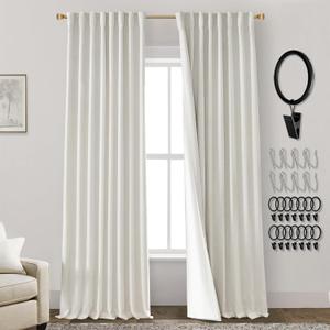 90 Inch Long Curtains for Living Room,Linen Boho Black Out Insulated Thermal Blackout Curtains for Bedroom Sliding Glass Patio Doors 2 Panels Set,Hooks Pleated Back Tab,52x90 in Length,Cream Ivory