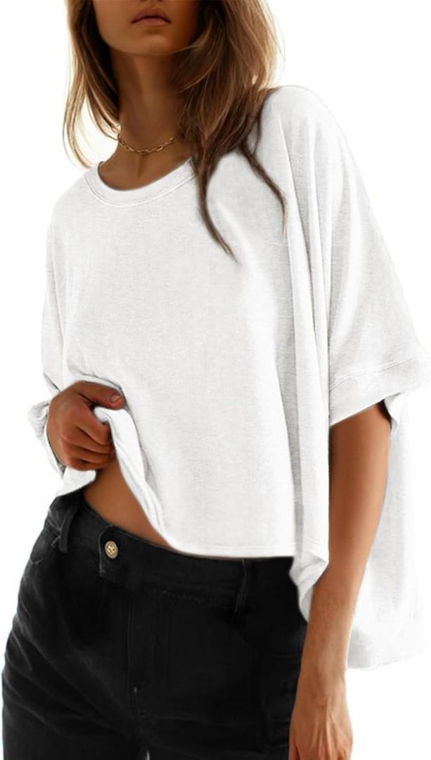 Dokotoo Summer Shirts 2026 Womens Solid T Shirts for Women Loose Oversized Tops Basic Tee (White, M)