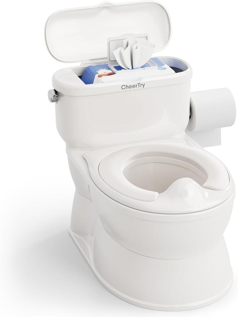 2-in-1 Toddler Potty Training Toilet - with Detachable Training Seat, Realistic Flushing Sound for Boys & Girls Ages 1-3 with Wipes Storage, Toilet Paper Holder (White)