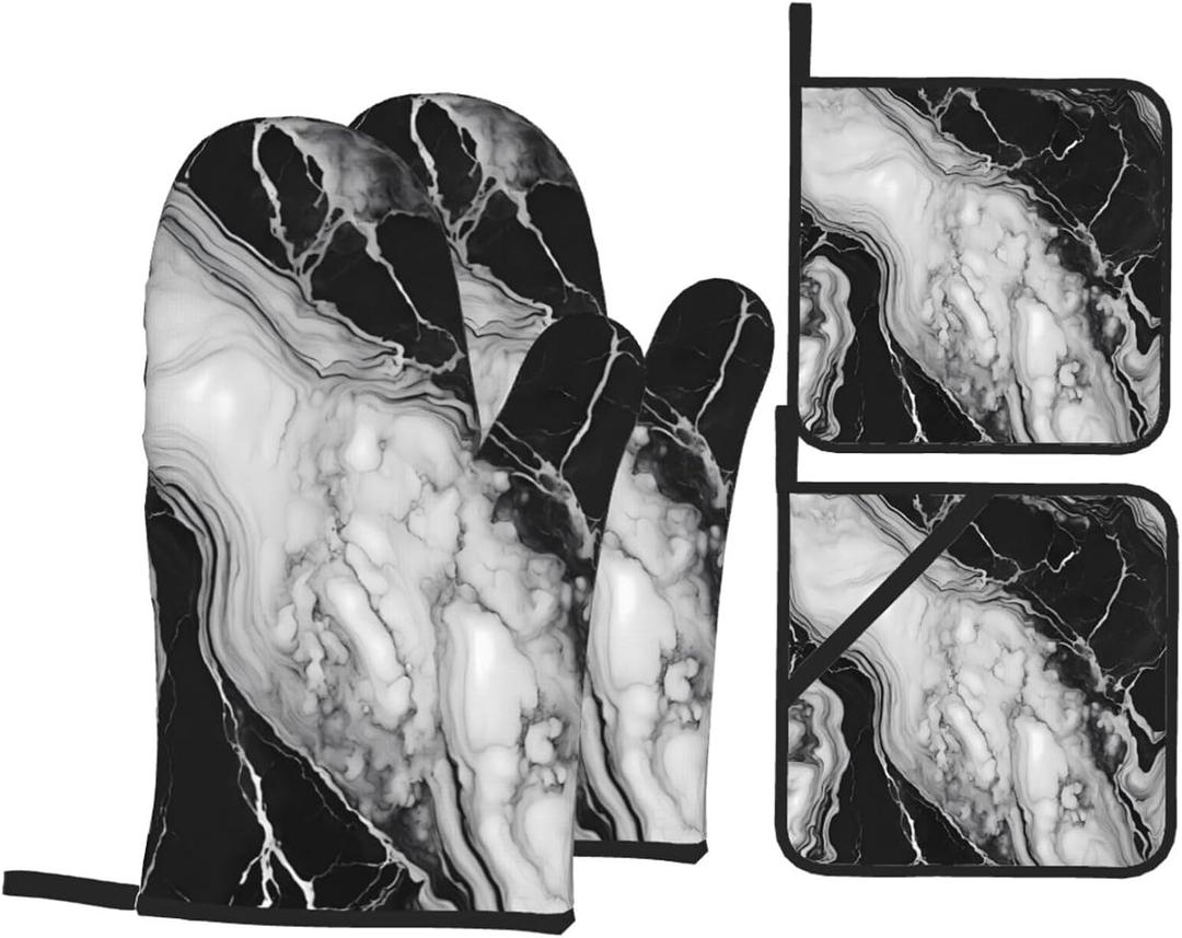 Perinsto Black and White Marble Oven Mitts & Pot Holders 4 Pcs Set, Decorative Heat Resistant Cooking Gloves Microwave Oven Gloves for Kitchen Baking Grilling BBQ