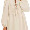 ZESICA Women's Dress Fall Long Puff Sleeve Self Tie Front Babydoll A Line Pleated Cute Mini Tunic Dresses 2026 (Beige, S)