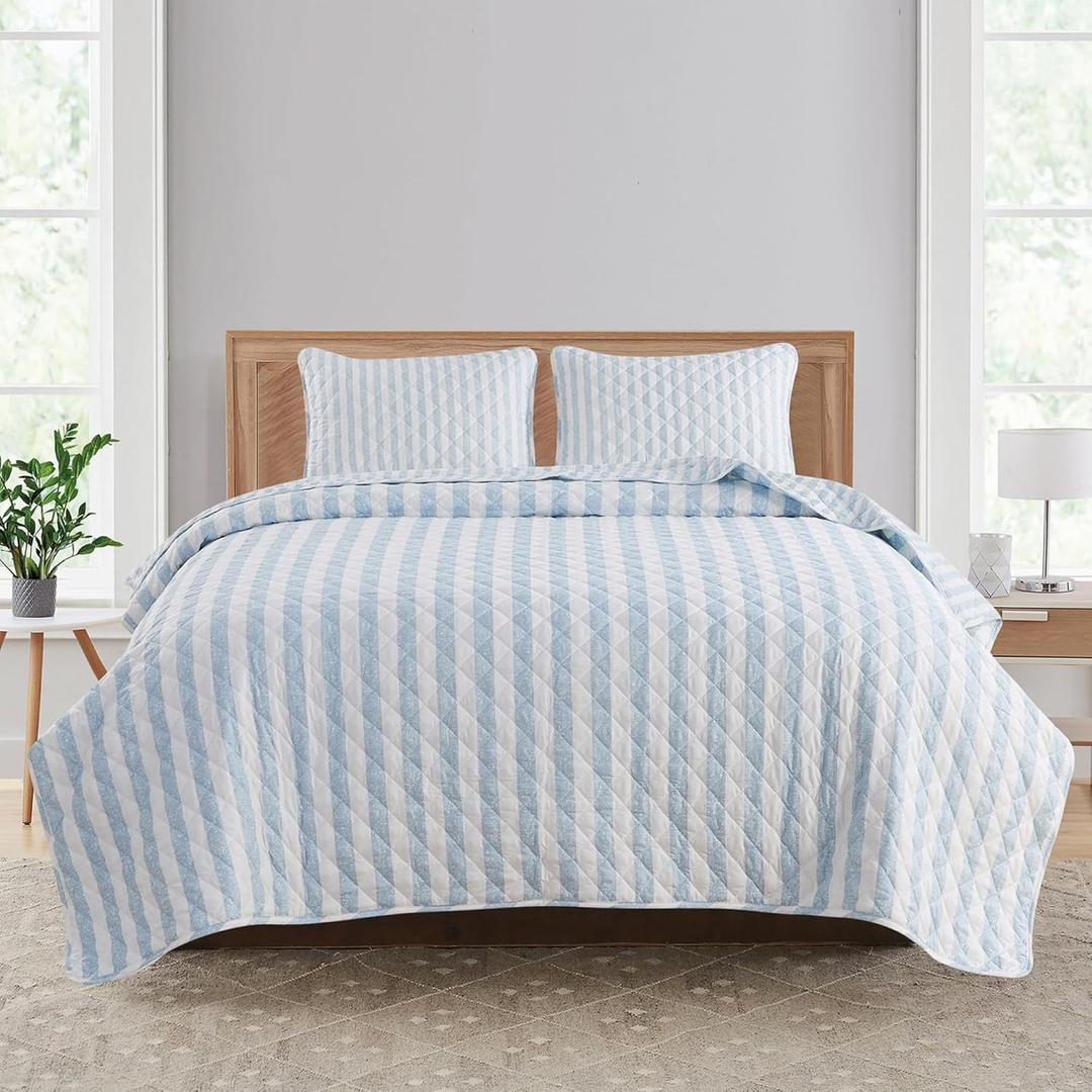 Market & Place Blue Striped Quilt Set Queen Size | Ultra Soft Lightweight Microfiber Bedspread | 3 Piece Reversible Coverlet Set for All Seasons | Avery Collection (Full/Queen, Light Blue)