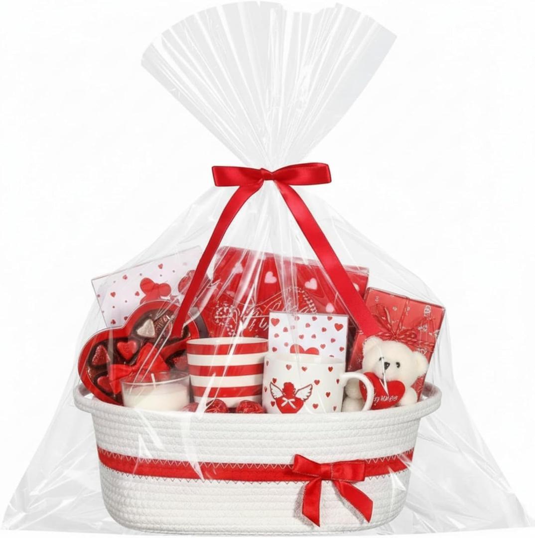 Valentine Woven Gift Basket Empty with Ribbons Bow Tie and Bag, Valentine's Day Empty Decorative Chest Box, Woven Rope Storage with Handles Home Decor(14 x 10 x 5.5 Inch,White Red)