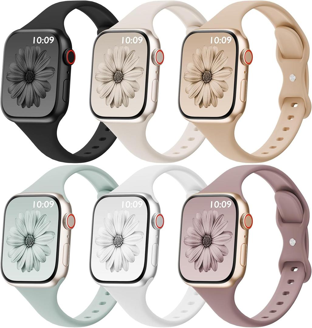 6 Pack Thin Bands Compatible with Apple Watch Band 38mm 40mm 41mm 42mm 44mm 45mm 46mm 49mm Women Men, Sport Silicone Strap Slim Wristband for iWatch Series 11 10 9 8 SE 7 6 5 4 3 2 1 Ultra