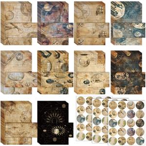 TaoBary 160 Pcs Stationery Paper Set 50 Double Sided Stationery Papers with 50 Matching Envelopes and 60 Round Dot Sticker, 10 Design(Space Moon Celestial,8.5 x 11 Inch)