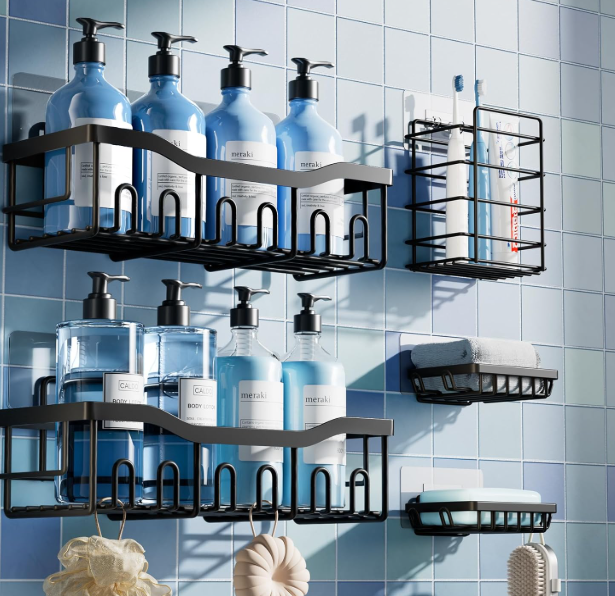 Pack Rustproof Stainless Steel Shower Caddy Set– No Drill Adhesive Bathroom Organizer, Space-Saving Shower Shelves for Apartment Essentials, Bathroom/Kitchen Storage Home Decor, Black