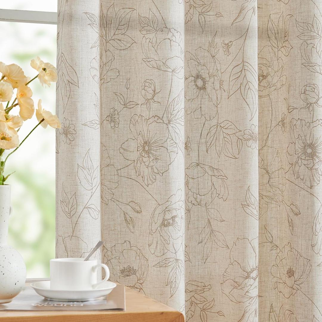 jinchan Linen Floral Curtains for Living Room 84 Inch Length Taupe Flower Curtain Rod Pocket Back Tab Farmhouse Curtains with Printed Floral Bedroom Window Curtain Set, 2 Panels Taupe (50"W x 84"L (Pack of 2), Floral Taupe on Ecru)