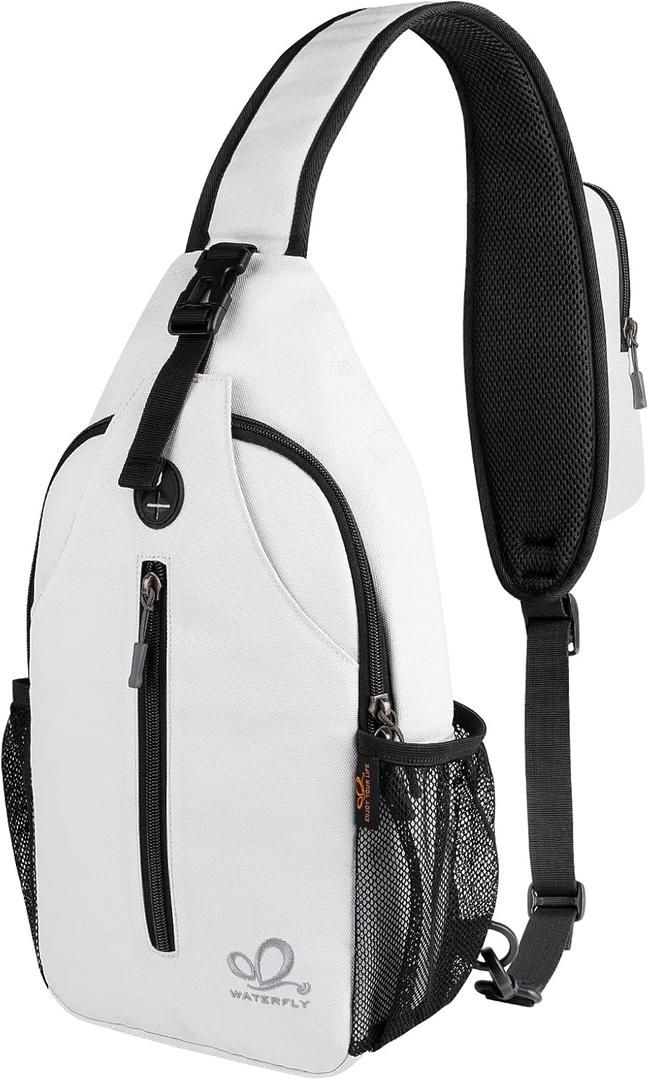 WATERFLY Crossbody Sling Backpack Sling Bag Travel Hiking Chest Bag Daypack (White-black)