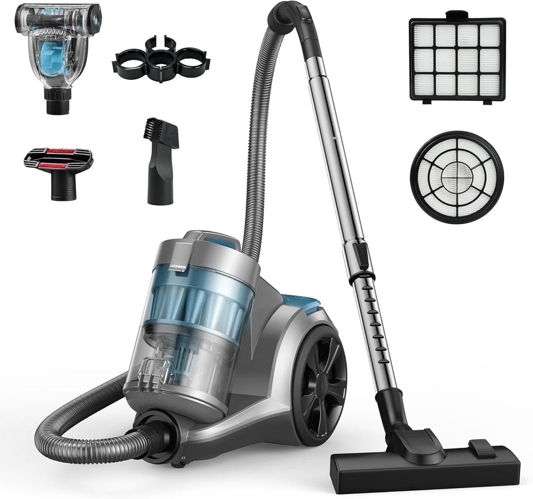 1700W Canister Vacuum Cleaner, 45Kpa Bagless Vacuum Cleaner, Multi-Cyclonic Filtration, 2 Anti-Allergen HEPA Filters, 3.5QT Dust Cup, 4 Tools, No Hair Tangles for Hard Floor, Pet Hair, Cerulean