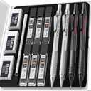 Nicpro 4 PCS Metal Mechanical Pencil Set 0.5 mm & 0.7mm with Case, Artist Pencil MP1000 with 6 Tubes HB Lead Refill, 3 Eraser, 9 Eraser Refill For Art Writing Drafting Drawing,Black & Silver