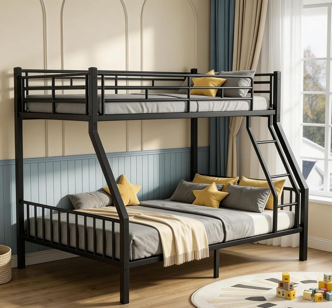 Heavy Duty Twin XL Over Queen Bunk Bed, Metal Steel Bed Frame with EVA-Padded Angled Ladder & Full-Length Guardrails, Bunk Beds Twin XL Over Queen for Teens & Adults, No Box Spring Needed, Black 